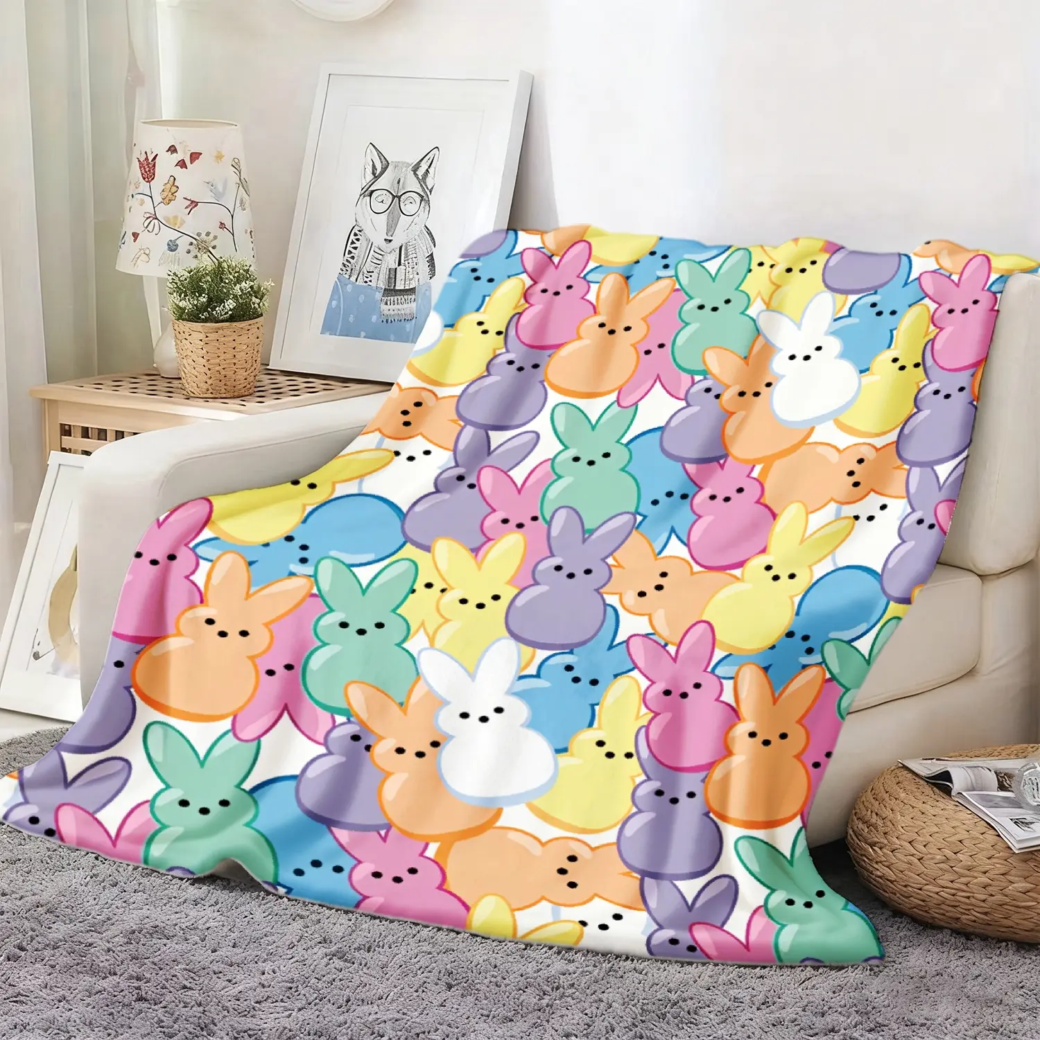Pastel Peeps Easter Bunny Seamless Cartoon Print Flannel Fleeced Blanket Cozy Throw Blanket Premium Lightweight Blanket Throw Season Cozy Warm Nap Multifunctional Blanket, Spring Easter & Cute Kawaii Versatile Gift For Easter Holiday Lovers