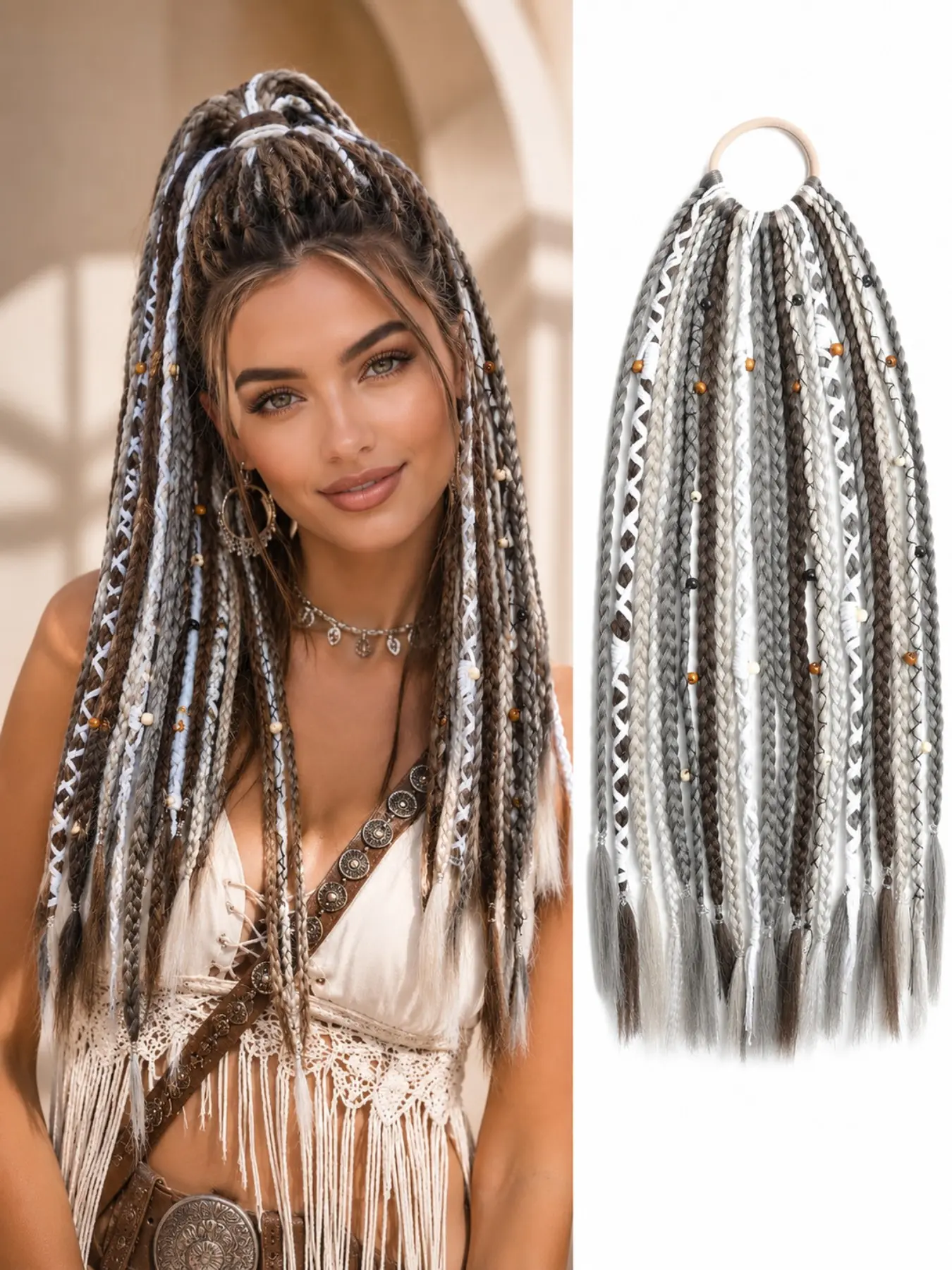 Boho Braided Ponytail Extension on Hair Tie, 16" Full Volume Lightweight Viking Dreadlock Ponytail Braid in Dreadlock Extensions with Beads and Shells, Festival Hair Accessories for Women Girls