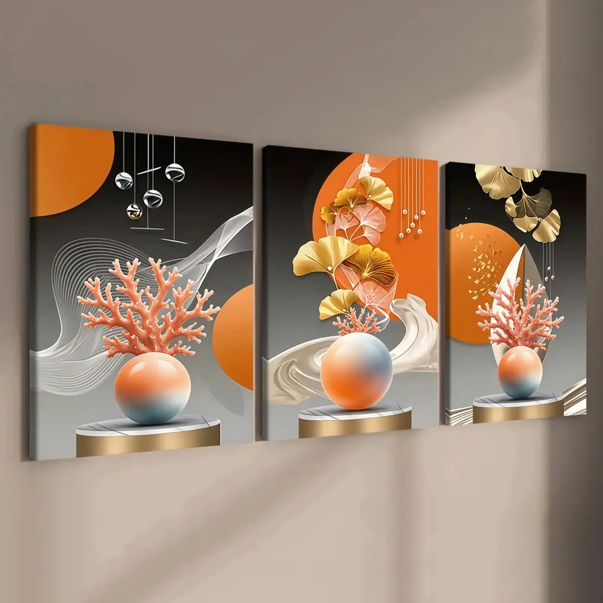 3-count wooden-framed canvas, orange coral ginkgo round ball light luxury poster, abstract art decoration, perfect living room decoration, modern art, fashionable poster, suitable for corridor, office and bedroom decoration, waterproof