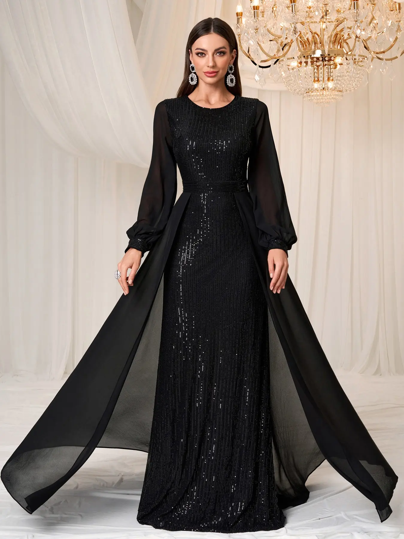 Elegant Evening Gown for Women, Luxurious Sequin Chiffon Long Sleeve Dress, Formal Party Wear, Chic and Sophisticated Style