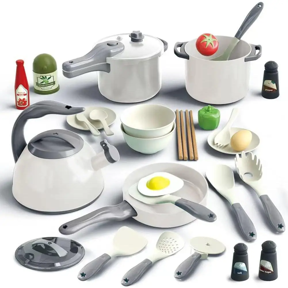32Pcs Kids Play Kitchen Toys Set, Toddlers Pretend Cooking Playset Acccessories with Pots Pans, Utensils Cookware, Foods, Canned Veges, Learning Gift for Kids Girls Boys (White)