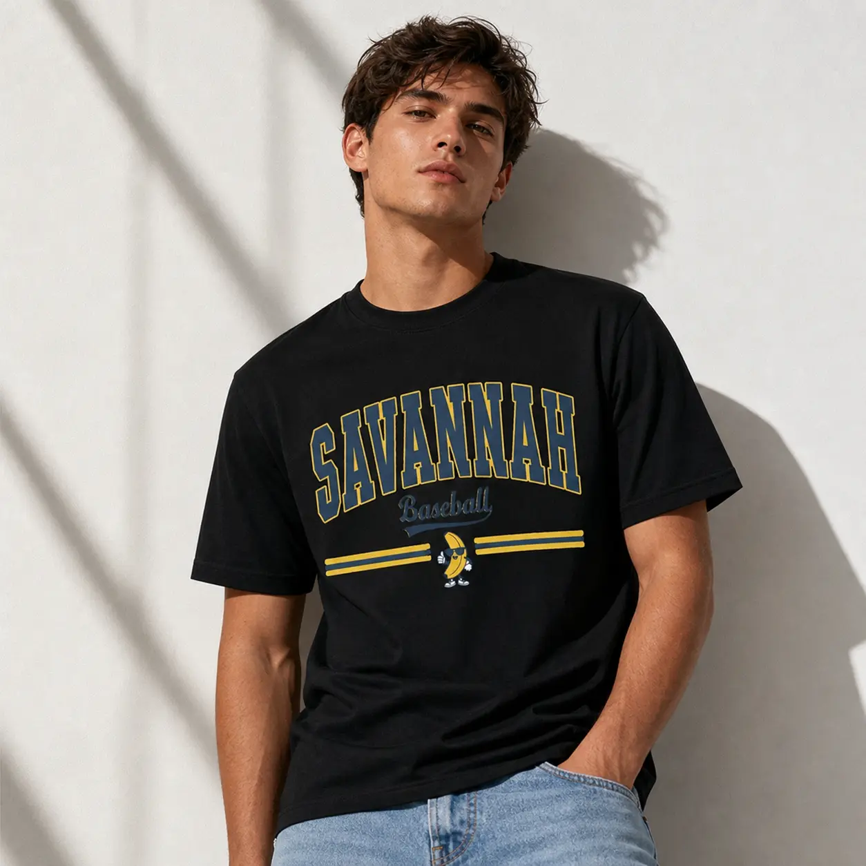 Unisex Savannah Baseball Classic Tee - Regular Cut, Cute Trendy Banana Print Y2K Cotton Streetwear, Game Day Gift for Baseball Fans, Casual Sports Top, Shortsleeve, Round Neck
