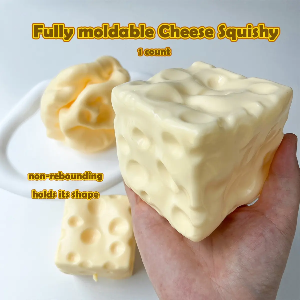 Moldable Non-Rebound Cheese Squishy, Soft Gel Squeeze Stress Ball Filled with Petroleum Jelly, Giant Cheese Block 6&7cm for ASMR Relaxation, Viral Fidget Gift for Anxiety Relief