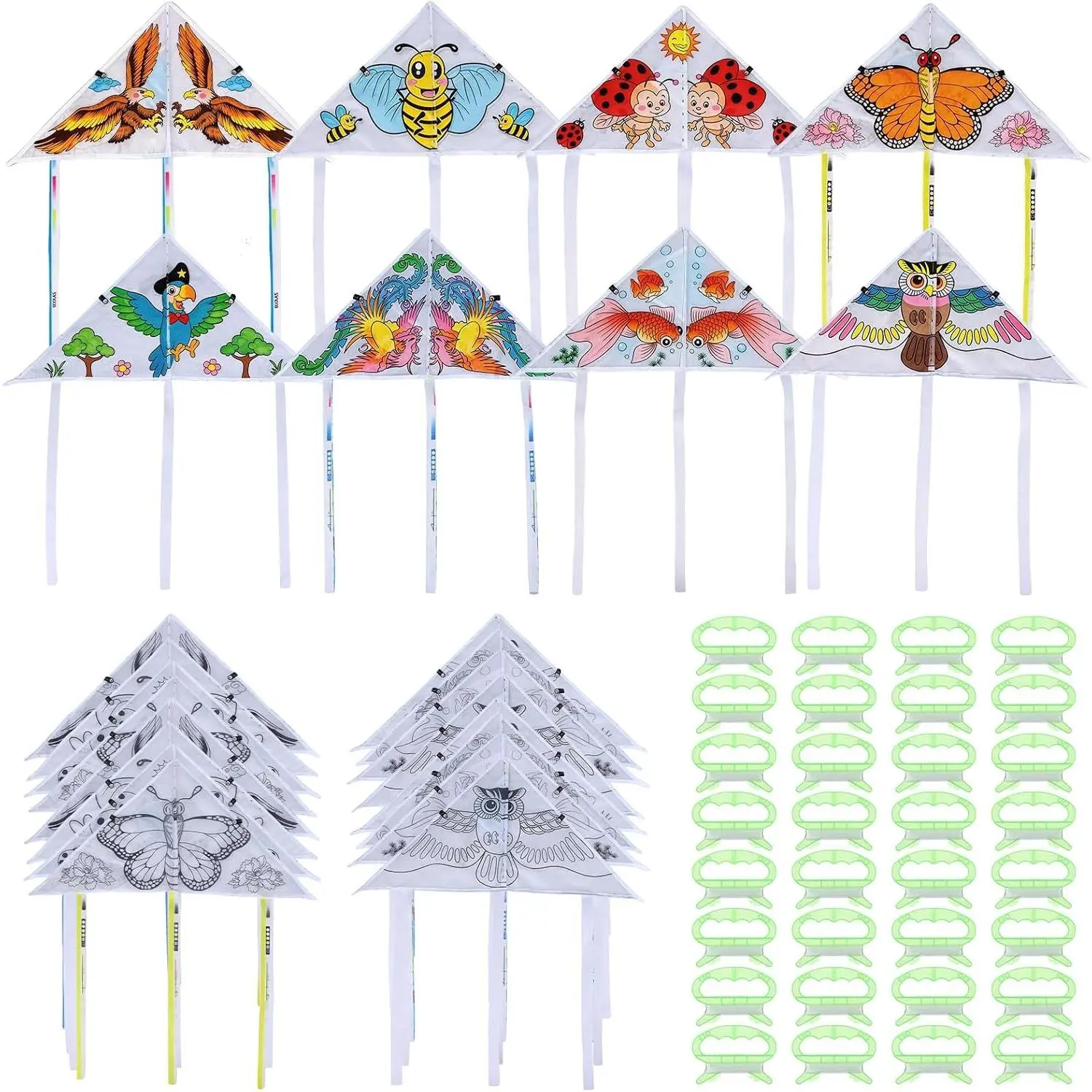 32 Pieces DIY Blank Painting Kites Bulk Kit 23.6 Inch Flying Kites for Coloring and Decorating with 32 Hand Grips Colorful Life Painting Kite Easy to Fly Kite for Outdoor Park Grassland Activities
