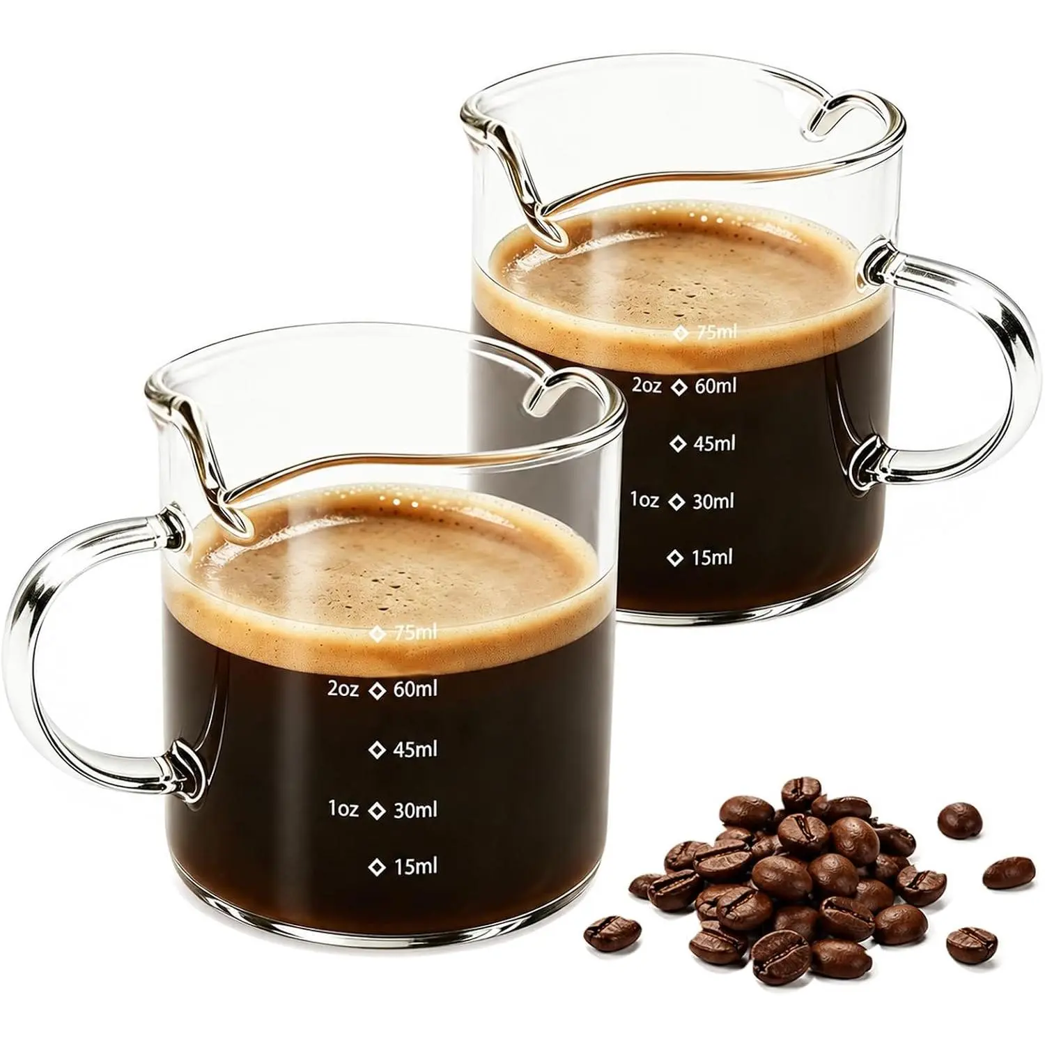 Espresso Cups Set of 2,4 OZ Double Spouts Cups, Shot Glasses, Measuring Cup with Scale Milk Cup with Handle, Clear Glass, Espresso Accessories for Machine