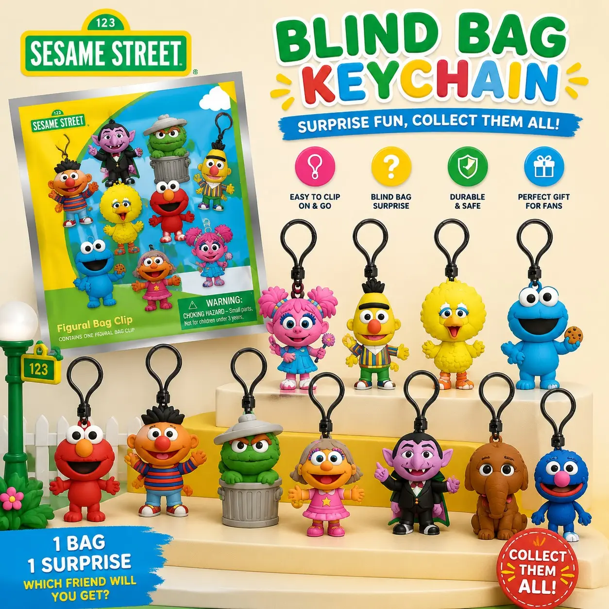 Sesame Street Blind Bag Surprise Keychain, Elmo Cookie Monster 3D Keychain Figure Clip, Cute Backpack Charm, Birthday Gift, Collectible Mystery Item