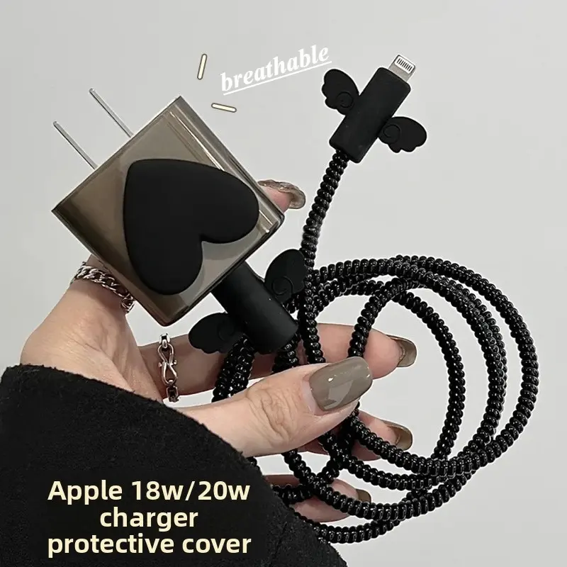 iPhone Charger Protective Case with Black Angel Wing Heart Design for 18W 20W Apple Chargers Fashion High - end Cellphone Accessory Phone Cable Sleeve Protection