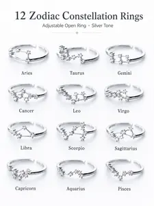 12 Zodiac Constellation Rings Set, Adjustable Open Star Sign Rings, Silver Tone Astrology Jewelry for Women