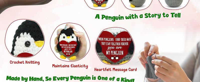 Anniversary Romantic Gifts for Women Men - Positive Penguin Crochet - Birthday Stocking Stuffers Gifts for Couple Boyfriend Girlfriend Husband Wife, I Love You Gift for Him HerFamily of 3 Baby Announcement Positive Crochet with Card
