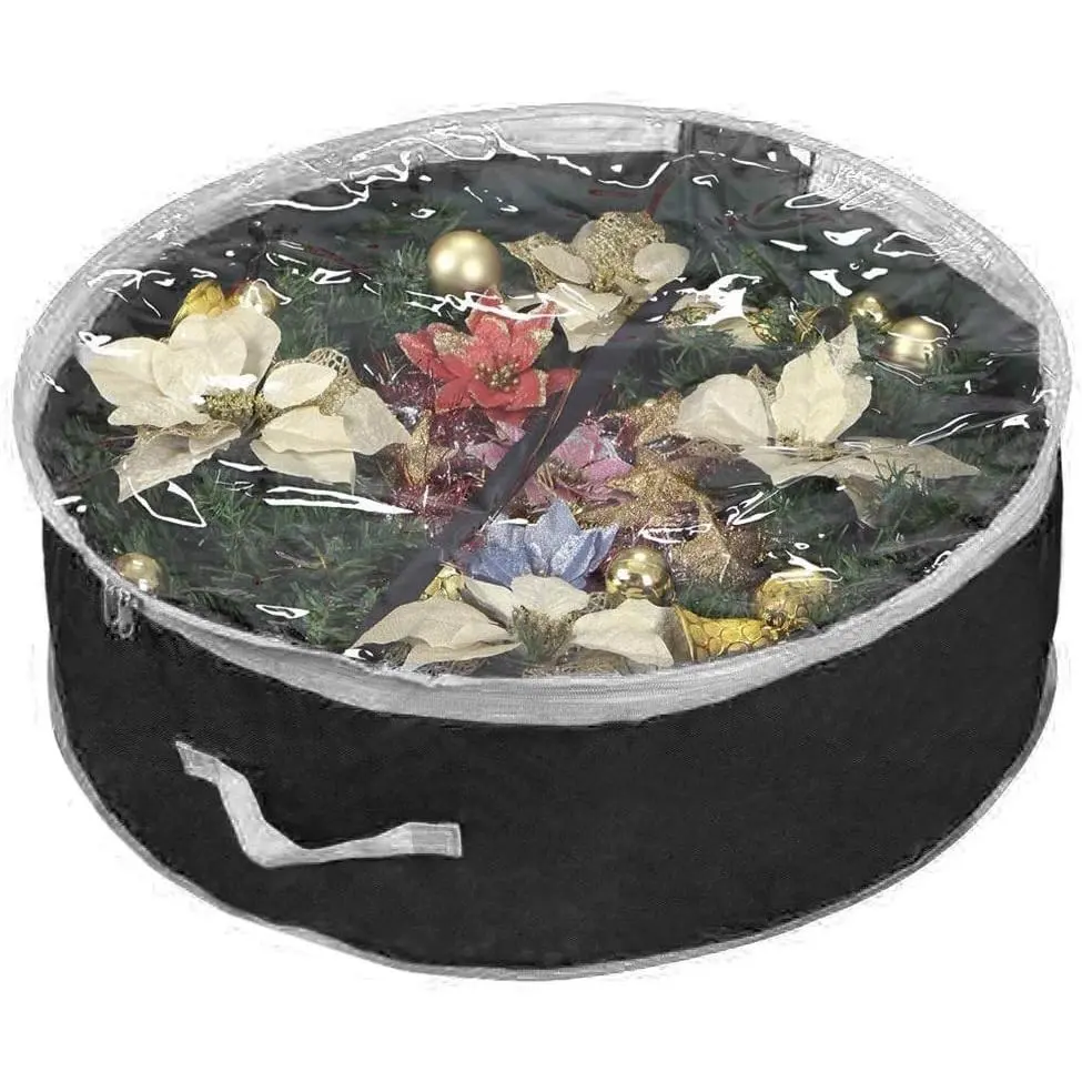 48" Christmas Wreath Storage Bag with Clear Window, Extra Large Durable 600D Oxford Material XL Holiday Wreath Container for Garland, Black