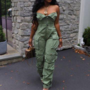 Women's Sexy Off Shoulder Tube Denim Cargo Jumpsuits Wide Leg Baggy Loose Jean Pants Rompers Overalls, green jumpsuit, suitable for clubs, parties, plus size women's clothing 5XL