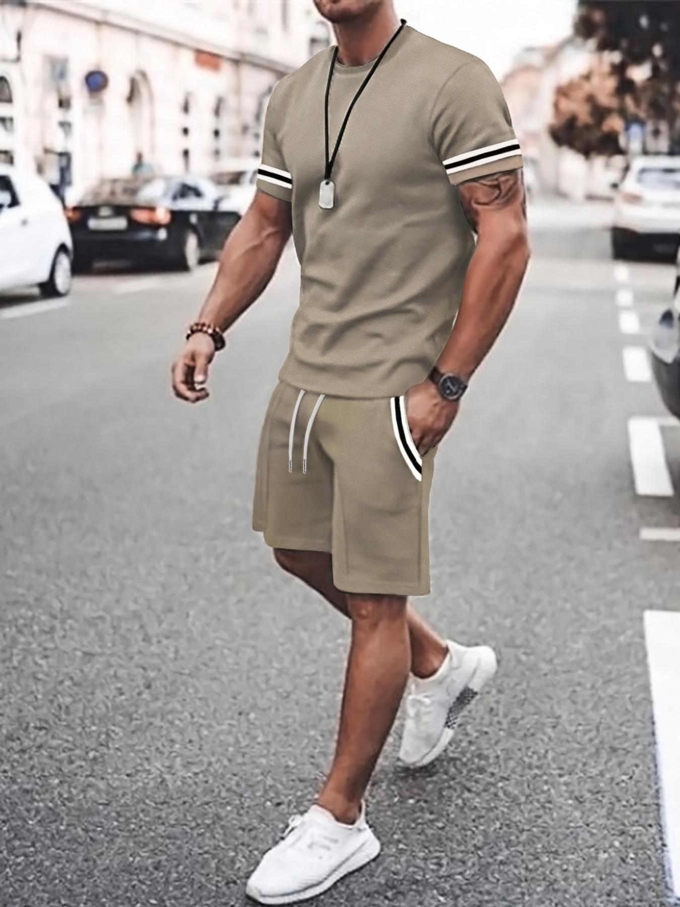 Two-Piece Set Men's Contrast Binding Tee & Drawstring Waist Shorts Set, Quality and Comfort Casual Short Sleeve Round Neck T-shirt & Pocket Track Shorts, Summer Outfits Clothes Set for Men Two-Piece Set Men's Contrast Binding Tee & Drawstring Waist Shorts Set, Quality and Comfort Casual Short Sleeve Round Neck T-shirt & Pocket Track Shorts, Summer Outfits Clothes Set for Men