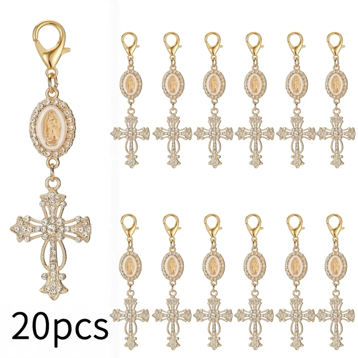 20 Pcs Pearl Rhinestone Cross Keychain Charms, Religious Cross Bag Charms for Baptism, First Communion, Wedding Favors