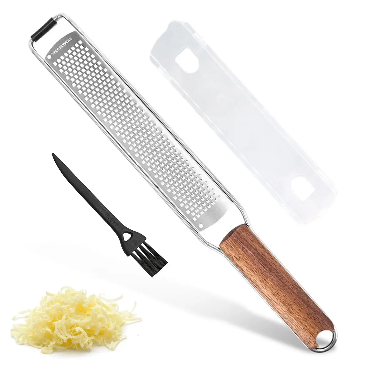 Lemon Zester & Cheese Grater with Brush, Durable Fruit Tool, Stainless Steel Wood Handle, Dishwasher Safe, Ideal for Citrus, Cheese, Vegetables, Fruits