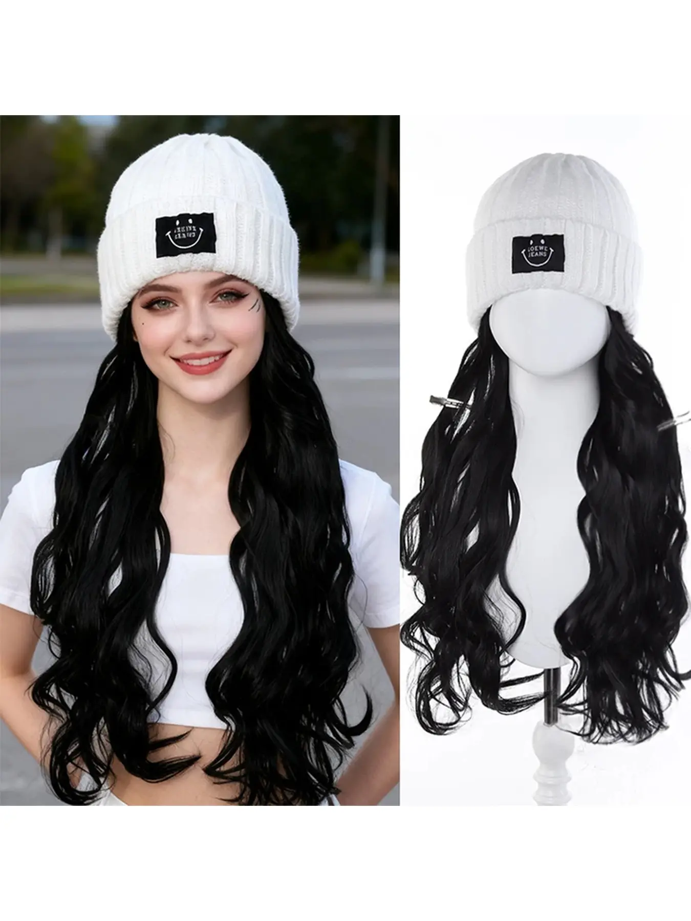 Synthetic Hat Wig Beanies Hat With Hair Wigs For Women Synthetic Long curly hair Warm Ski Plush Knitted Autumn Winter Cap Synthetic Curly Wavy