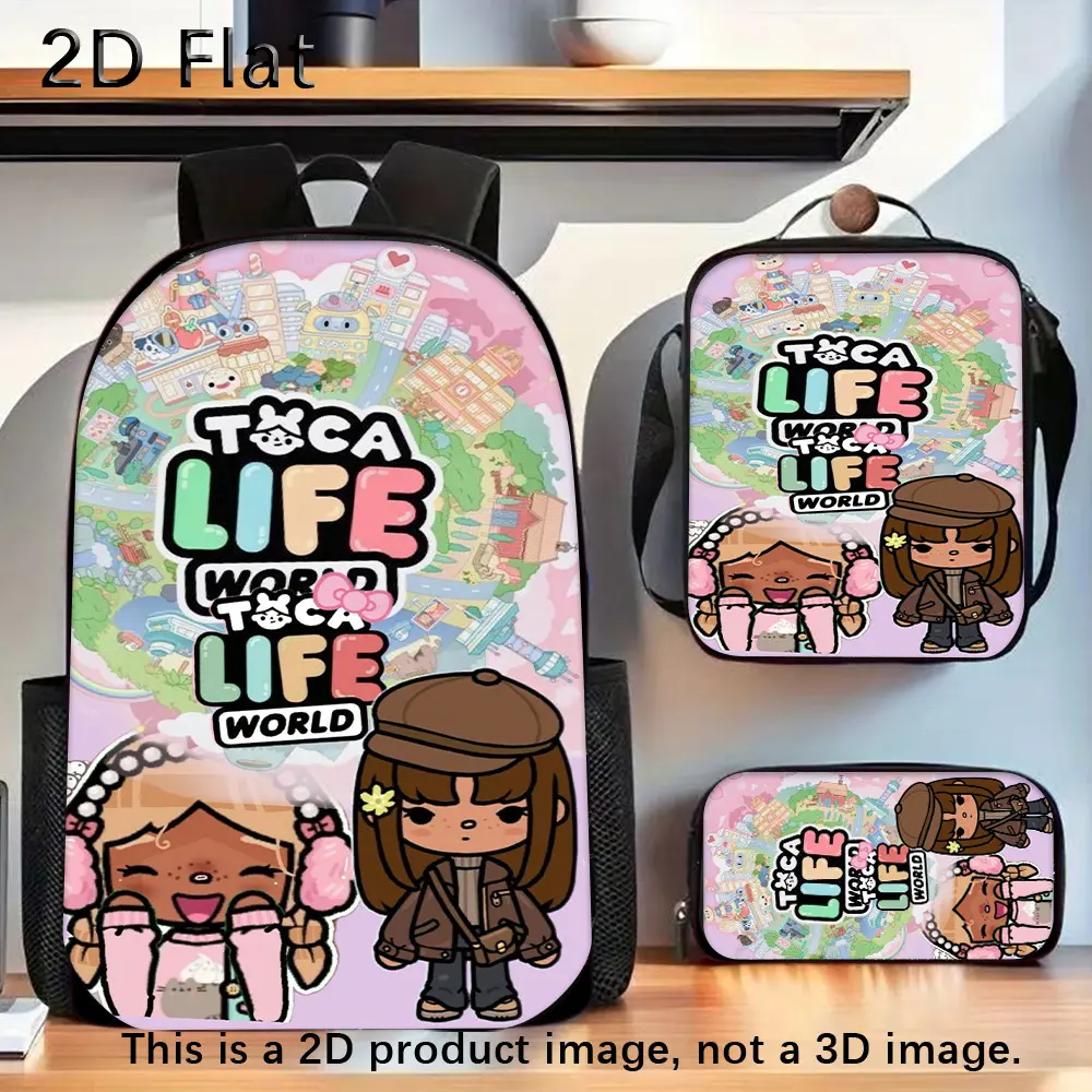 Kids' 3-Piece Oxford School Backpack Set - Lunch Bag, Pencil Case, Toca Life World Cute Cartoon Print, Breathable Padded Straps for Game Fans
