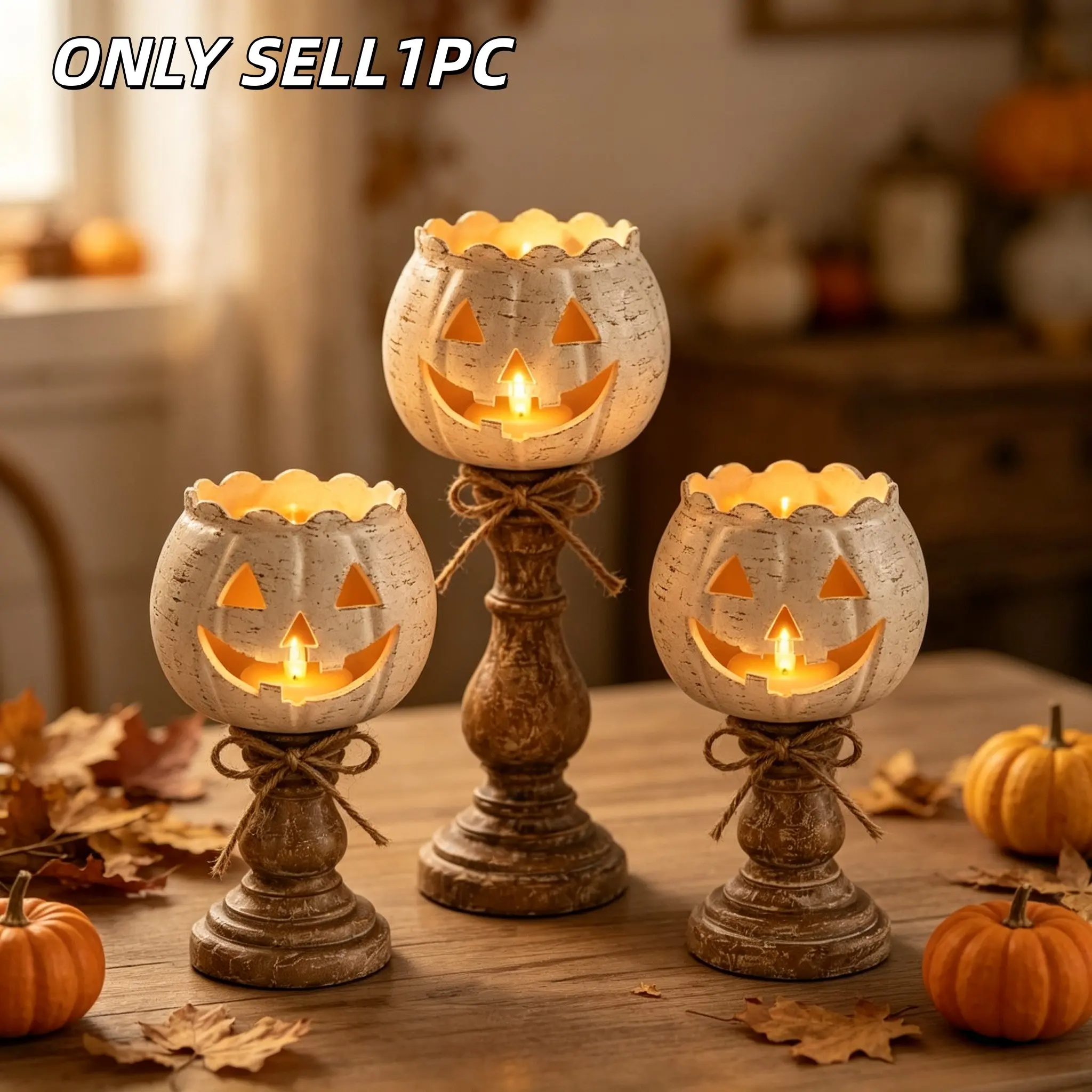 1PC Vintage White Jack-O-Lantern Candlestick, Farmhouse Pumpkin Tealight Holder, Halloween Fall Table Decor, No Tealight Included