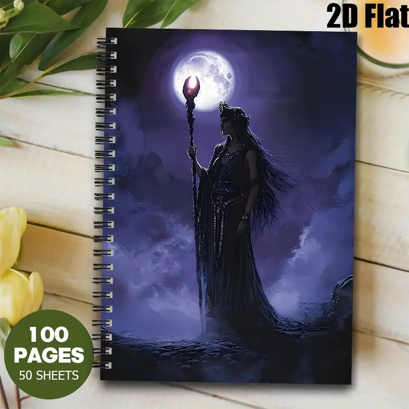 1pc Spiral Bound [2D]Flat Mystical Moonlit Witch Holding Staff Notebook, Lined Journal with 100 Pages, 5.7X8.26 inch, Perfect for Grimoire Writing, Wiccan Ritual Notes, Halloween Gift, Gothic Journal for Fantasy Lovers, Daily Spell Tracking, Witchcraft