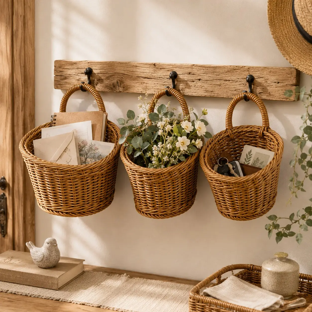 3PCS Faux Wicker Hanging Basket Set, Decorative Large Medium Small Wall Storage Baskets with Handles for Plants, Kitchen, Bathroom, Entryway & Home Organization