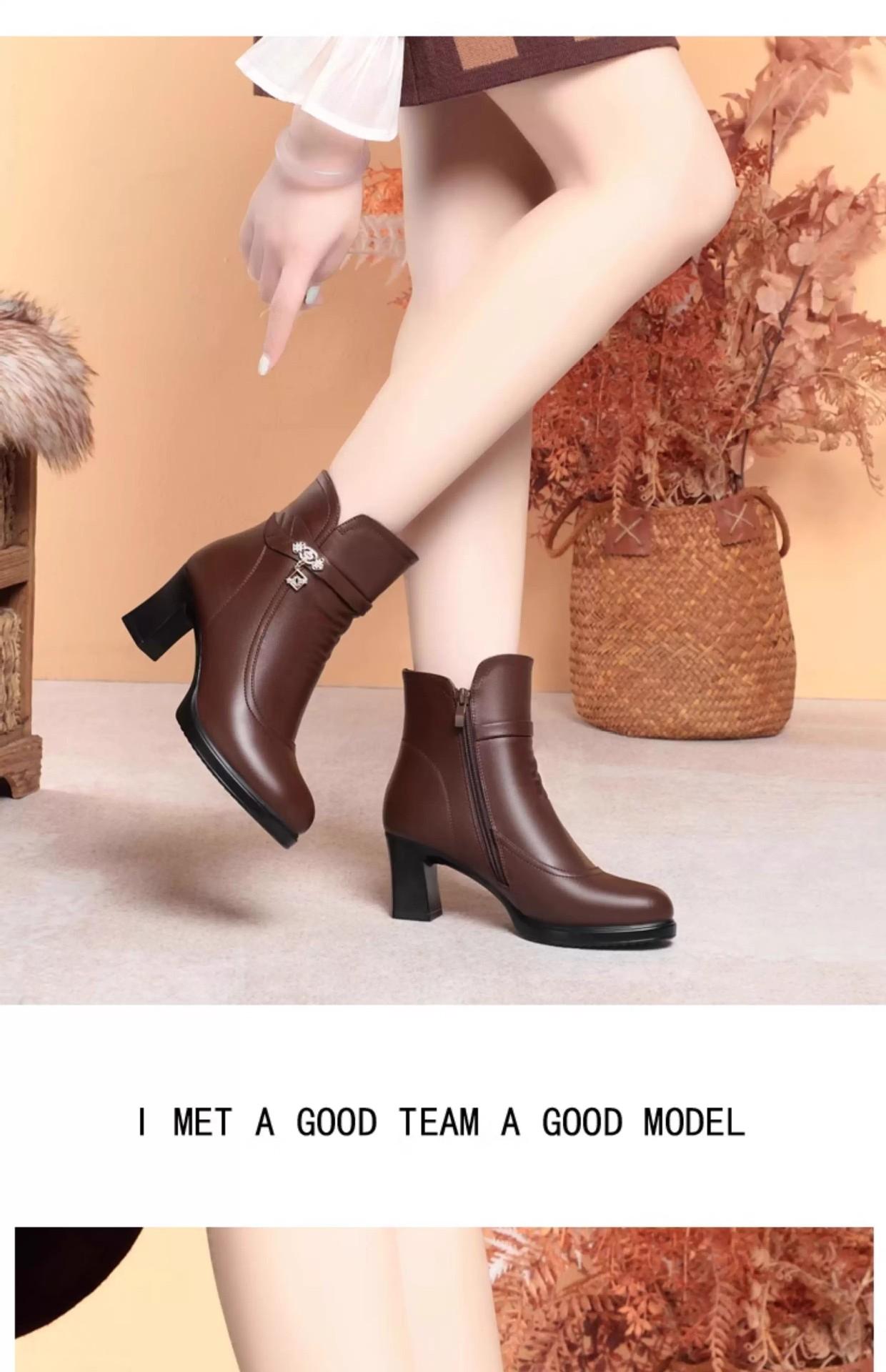 MOVRA1 Women'S -Encrusted Round-Toe Block Heel Ankle Boots with Zipper Closure & Plush Lining - Mid-Heel Winter Boots in Rich Brown, Faux Cover Upper & Rubber Sole, Elegant Casual to Semi-Formal Outfits Autumn/Winter, Comfortable & Durable Design