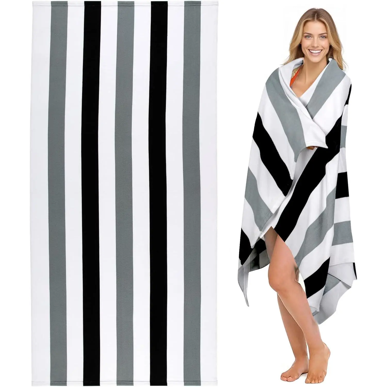 Large Oversized Beach Towel - Microfiber Sand Free 35 x 70 Inch Quick Dry Lightweight Pool Towel for Adults, Thin Striped Swim Towel (Black)