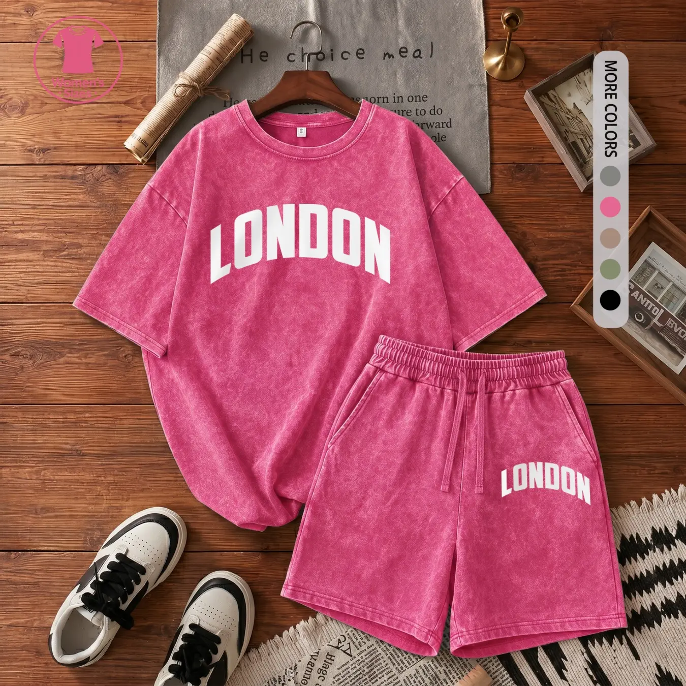 Women’s 100% Cotton Washed 2 Piece Shorts Set, London Letter Short Sleeve T Shirt and Drawstring Shorts, Soft Breathable Casual Summer Lounge Outfit