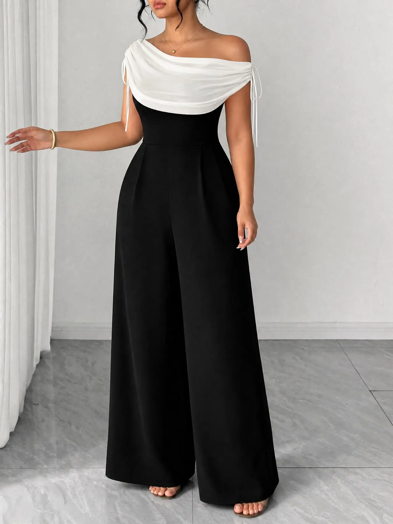 Plus Size Women's Plain Off-Shoulder High Waist Jumpsuit, Cool Casual Fit, Comfortable and Stylish, Elegant, Chic, Ideal for Work, Parties, and Holidays
