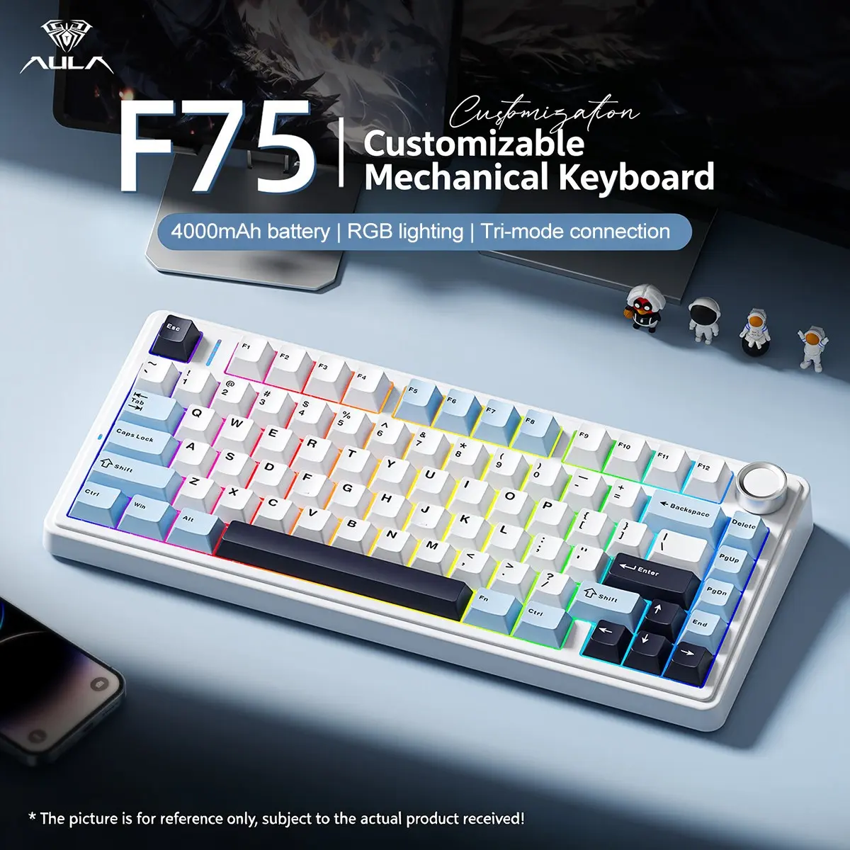 Aula F75 Lighted Mechanical Keyboard, Wired/wireless Triple Mode, 80 Keys, RGB Lighting, Long Lasting, Compatible with Windows/MAC/iOS, Gaming Office Typing