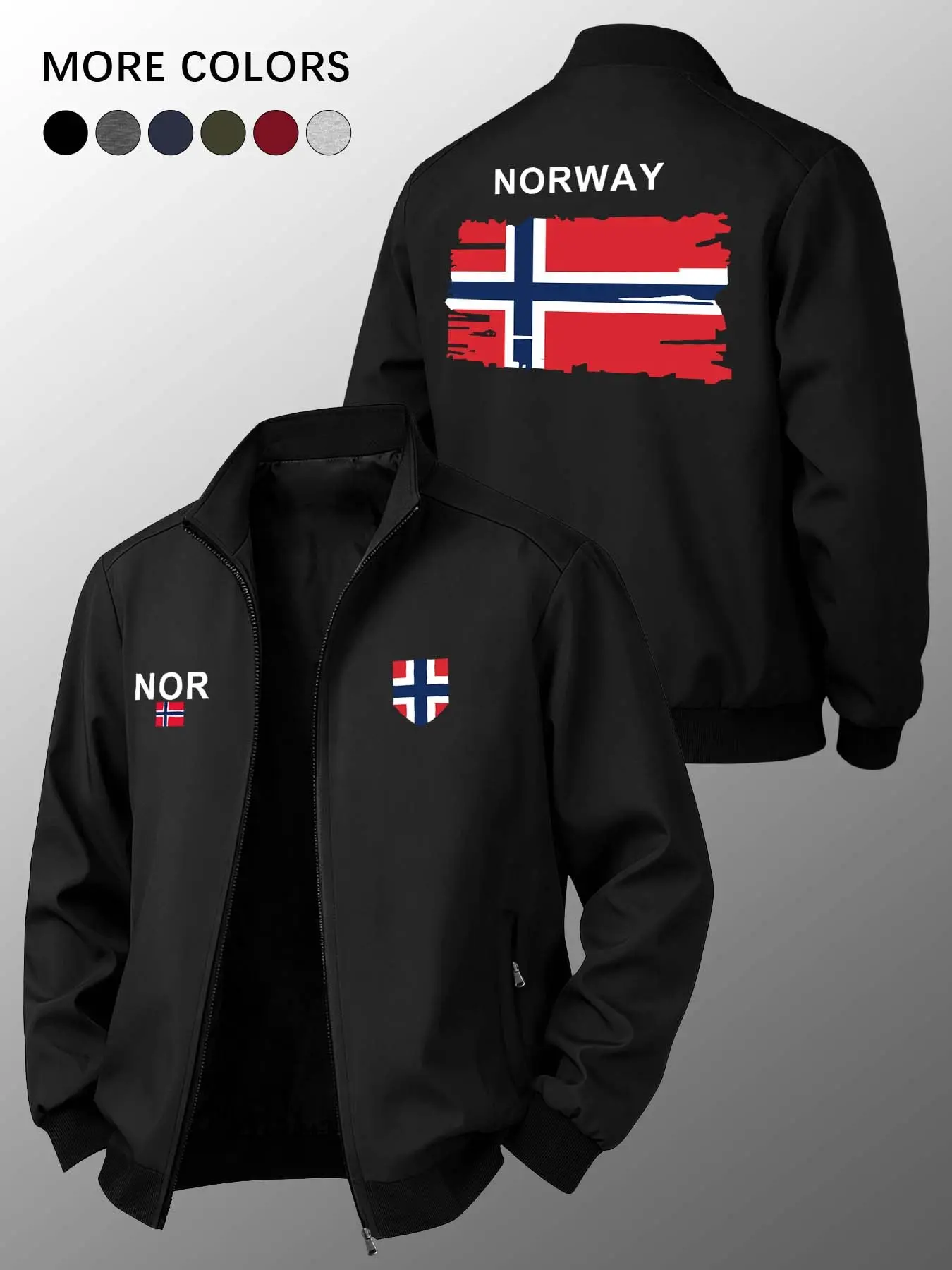 Men's Norway Flag Pattern Jacket, Casual Loose-Fitting Zipper Pocket Design, All-Season Gift for Boyfriend or Father