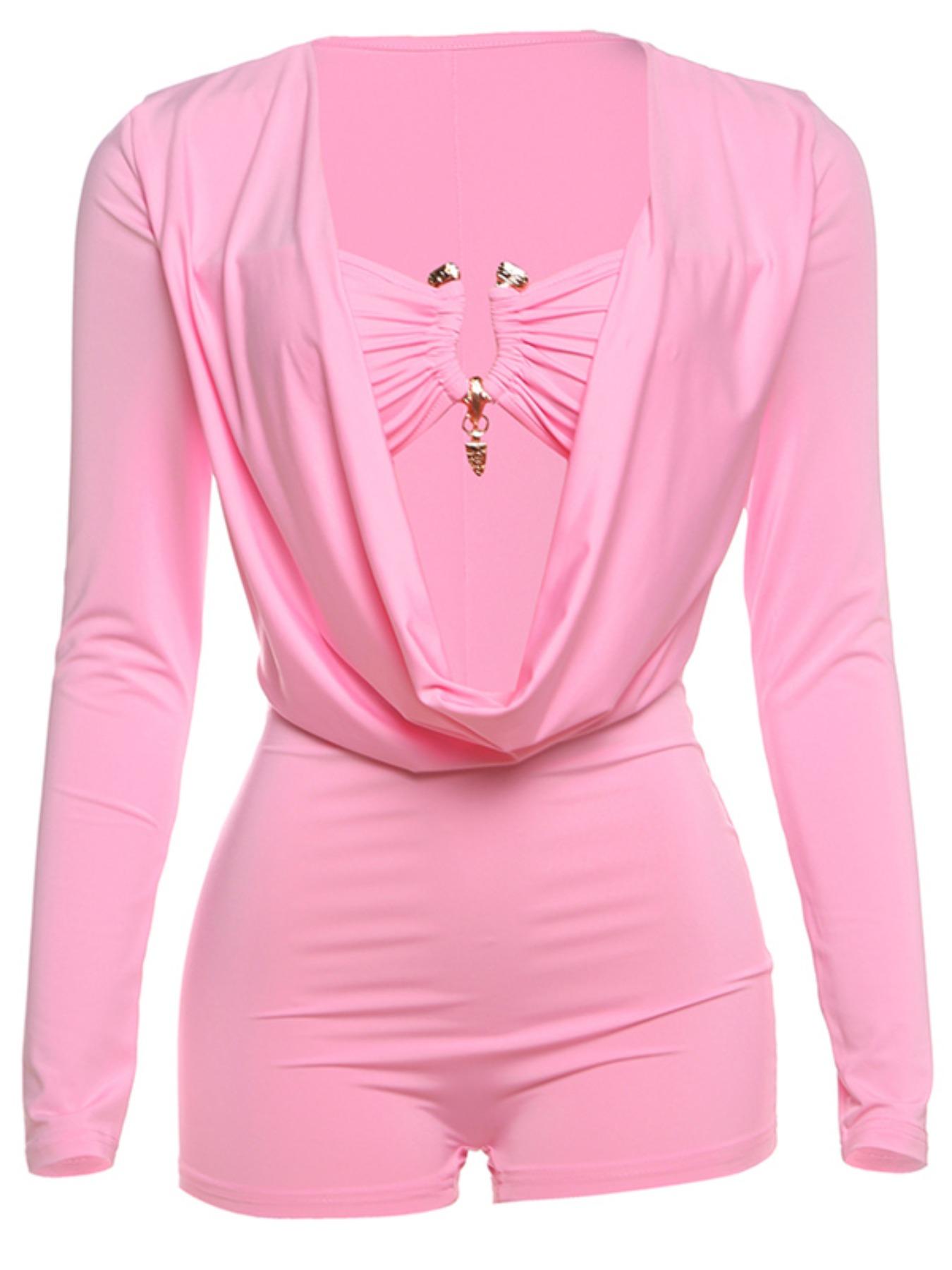 Women's 2 in 1 Draped Design Romper, Casual Thigh Fitted Long Sleeve Skinny Romper for Daily Wear, Ladies Clothes for Spring & Fall