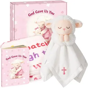 Girl's Baptism Christening Gift Set - Plush Cross-Embroidered Security Lovey, Baby Blanket, First Prayer Book, Baby Items