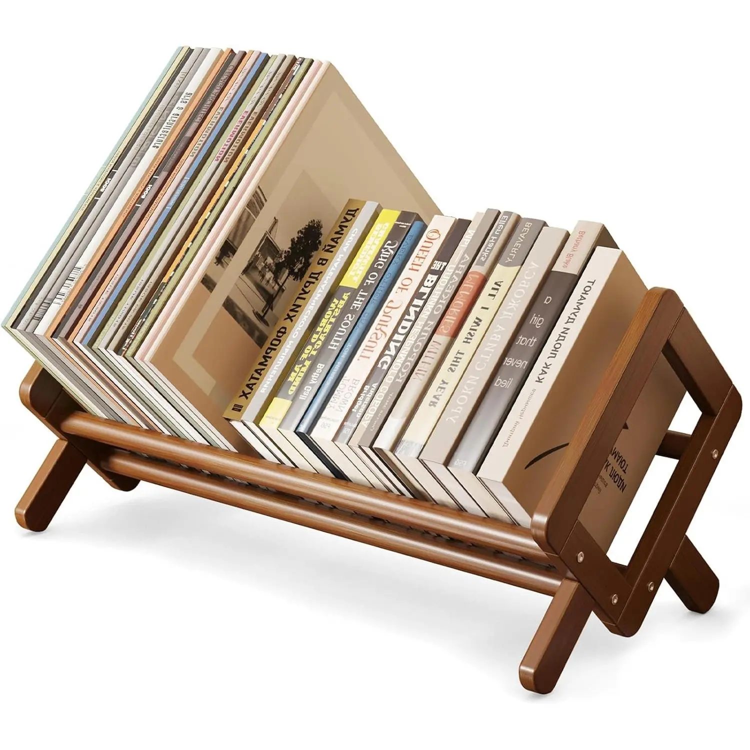 Premium Bamboo Desktop Bookshelf, Retro Brown Book Rack Organizer with Stable Tabletop Storage Shelves, Large Magazine Holder for Books, FilesGift