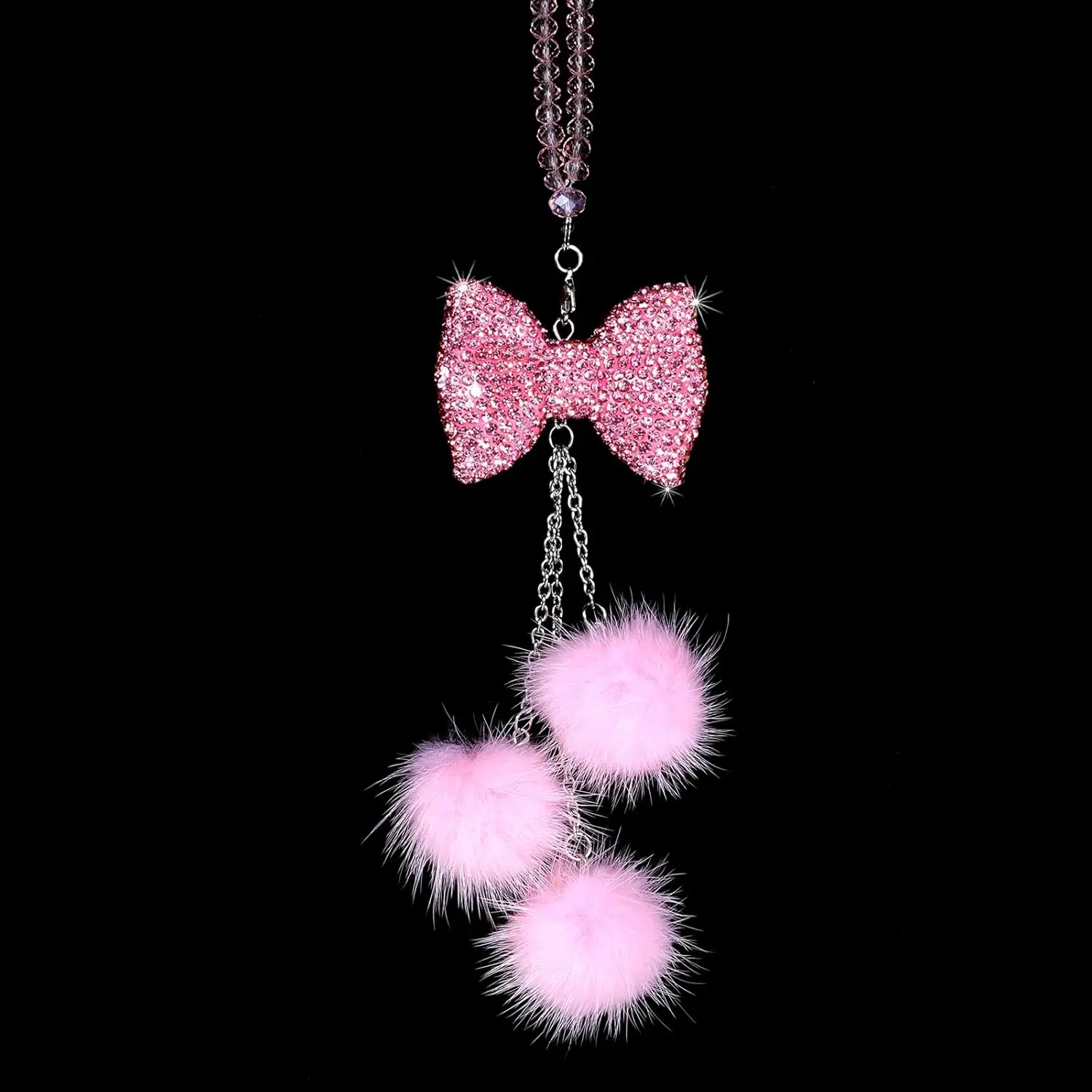 Bling  Mirror  Accessories for Women - Girly Rhinestone Bowknot With  Beads and Plush Ball Rearview Decor Ornament Pendant - Christmas Gifts