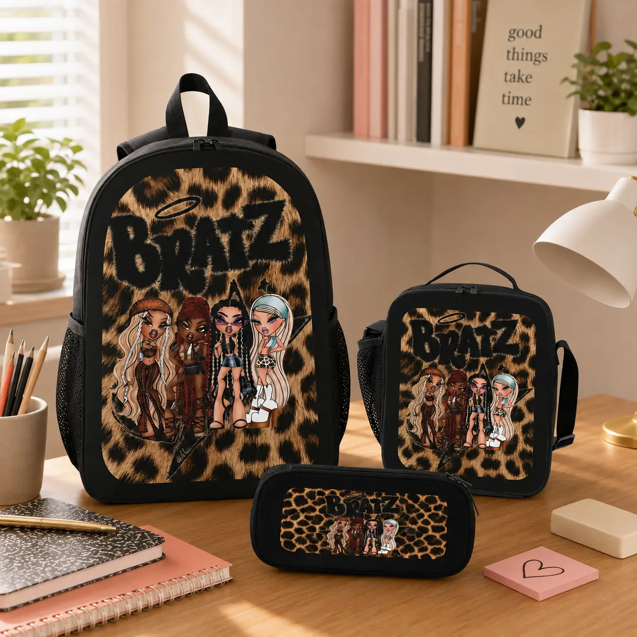BRATZ Backpack Set Durable Polyester 3 Piece Bookbag Lunch Bag Pencil Case Lightweight Large Capacity Travel Daypack Back To School Supplies Y2K Leopard Graphic Bag For Girls Teens Students Viral Trend