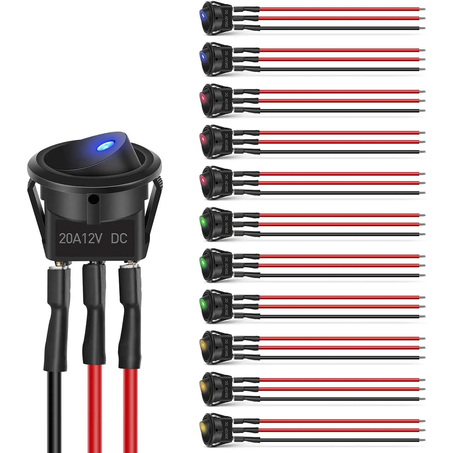 Nilight 12pcs 3-Pin SPST Rocker Toggle Switches with Wired Round LED Light, 12V 20A On Off Control, 36pcs Wires Included for Car Truck