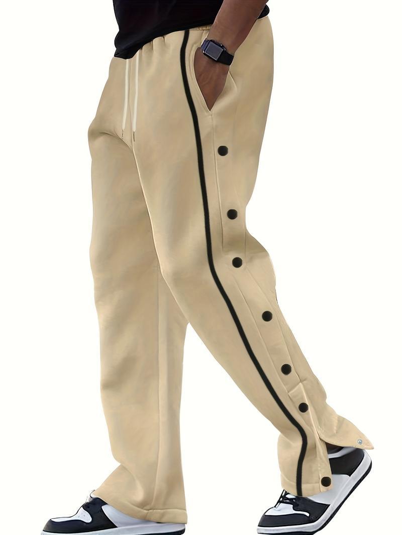 Men's Casual Polyester Pants, Solid Color, Side Stripes and Button Details, Regular Fit, Drawstring, Suitable for All Seasons, Comfortable and Fashionable for Adults