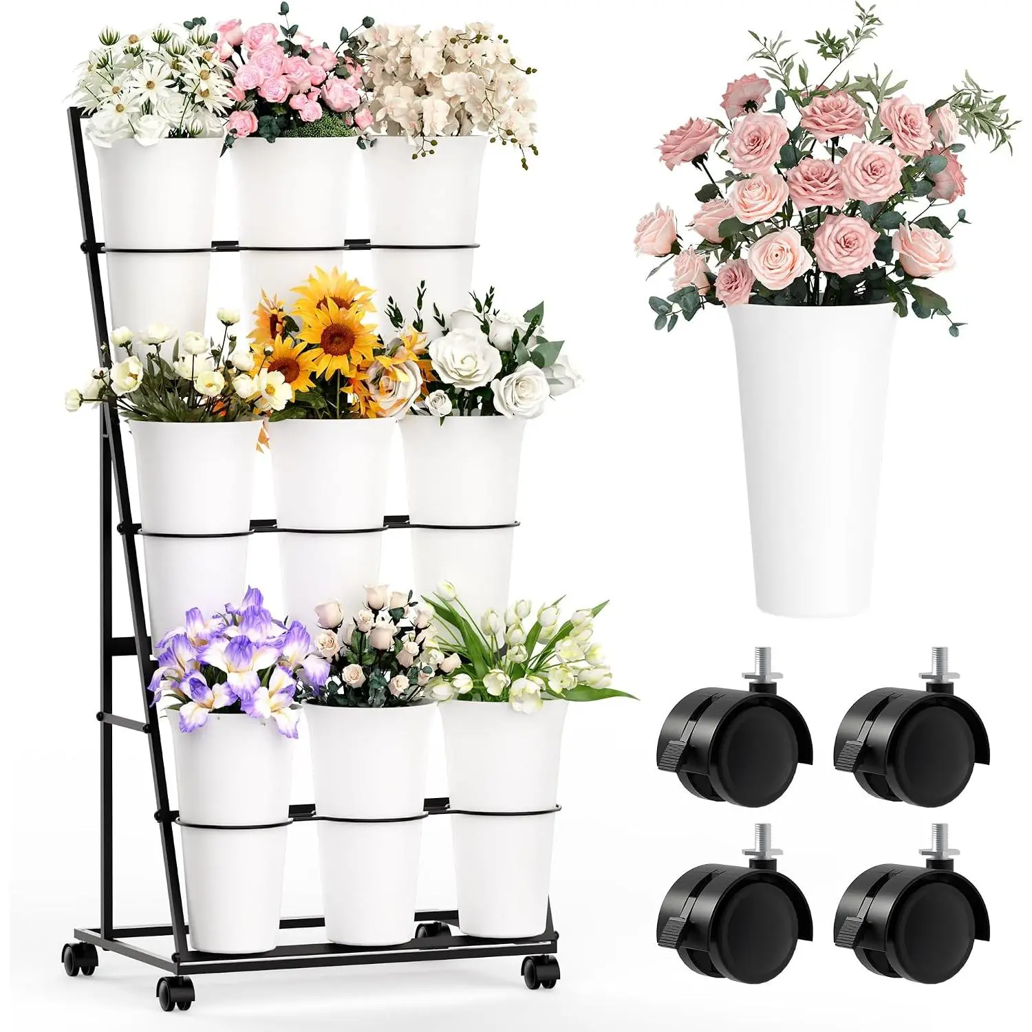 Flower Display Stand with 9 Buckets and Wheels, 3 Tier Flower Cart Display Stand for Indoor Outdoor Garden, Wedding, Flower Shop (Black)
