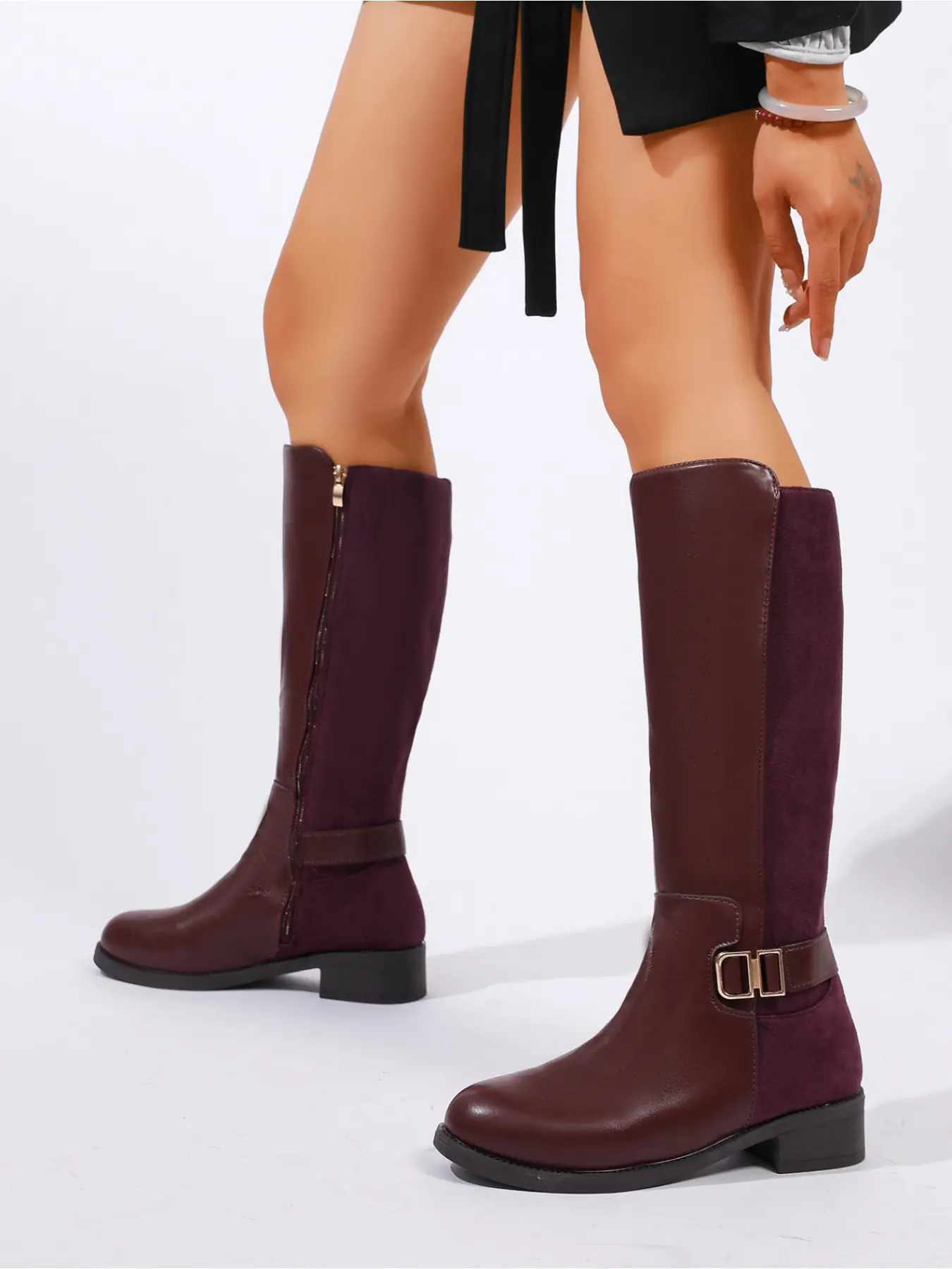 Y2K Night Out Tall Knee Boots Two Tone Faux Leather Suede Chunky Low Heel Side Zip Street Style Western Boots For Club Party
