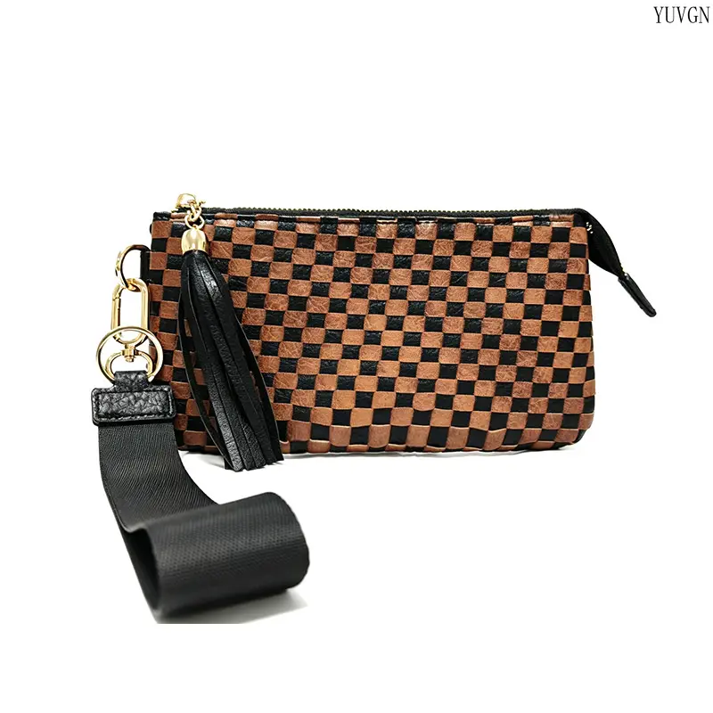 2-Tone Woven Checkerboard Gym Wristlet Clutch Bag - Zipper Long Pouch with Tassel Charm, Detachable Wide Hand Strap Fashion Wallet for Daily Shopping, Party