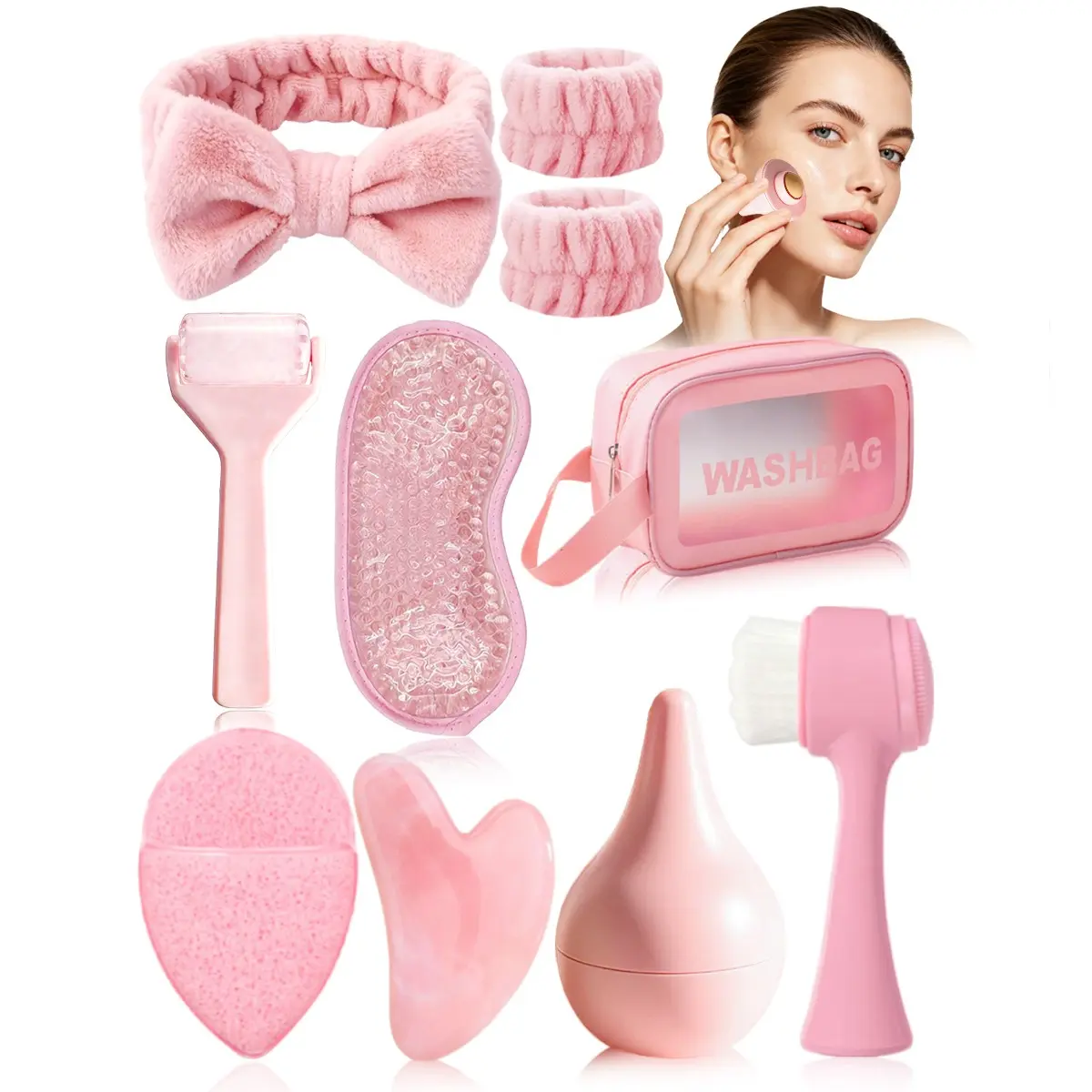 10pcs Facial Beauty Care Set, Massage Tools, Volcanic Stone Roller, Ice Goggles, Cleansing Brush, Sponge, Hair Tie, Wrist Strap, Storage Bag