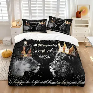 Lion King & Queen "I Choose You" Theme Duvet Cover Set,Black & White Lion Couple with Golden Crowns & Romantic Quote Print Quilt Cover with 1 or 2 Pillowcases, Perfect Anniversary Gift for Couples Bedroom Decor
