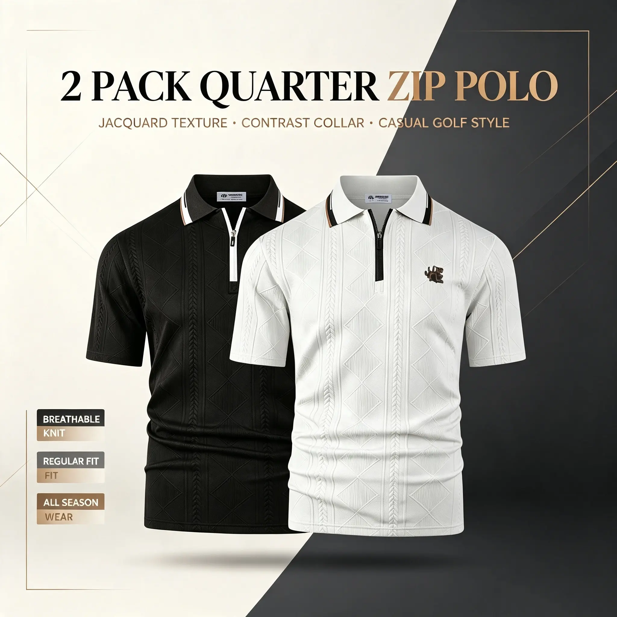 Men's Textured Quarter Zip Polo Shirt Striped Collar Embroidery Casual Short Sleeve Business Golf Tee