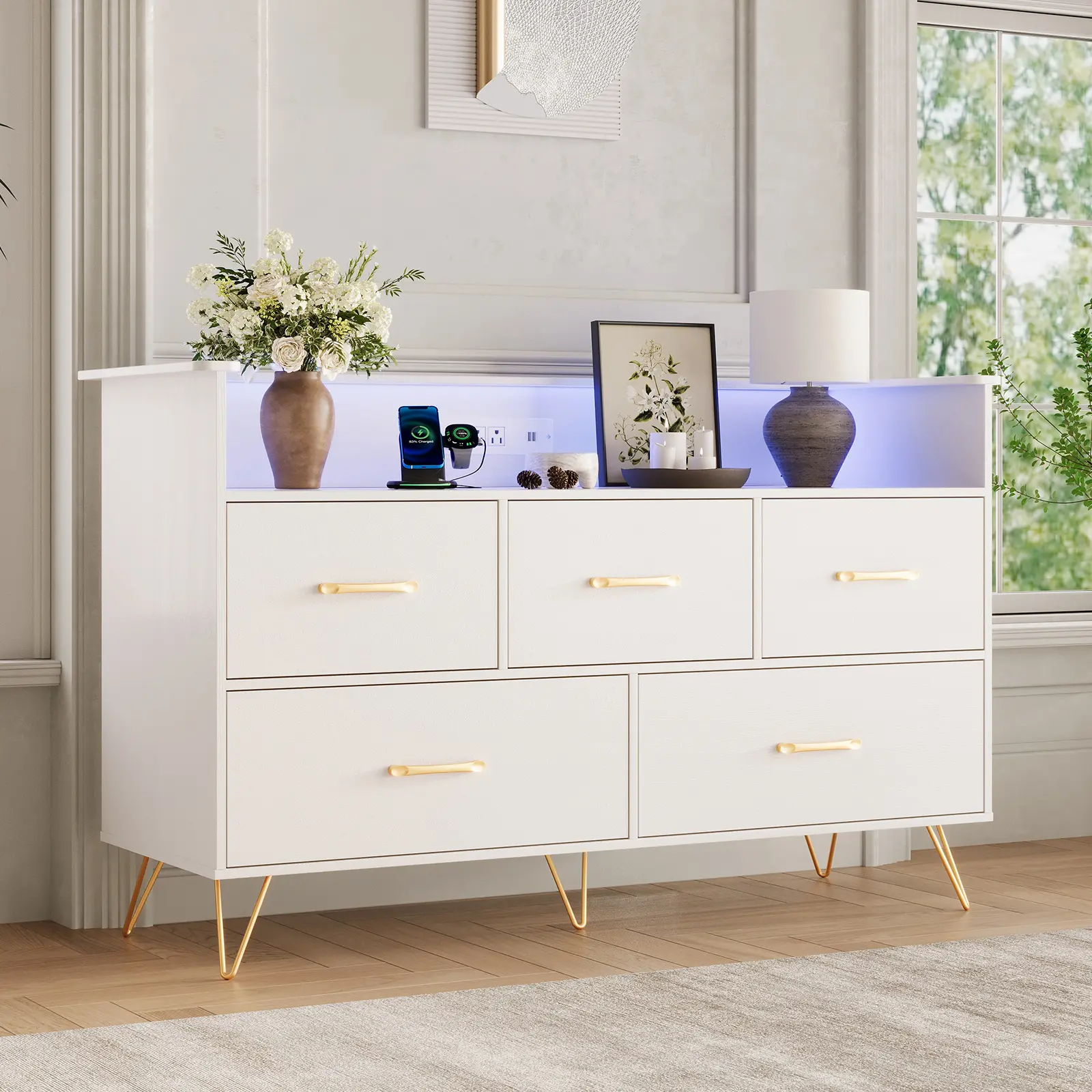 Modern Wooden 5-Drawer Dresser with LED Lights & Charging Station – 47'' Wide Chest for Bedroom, Spacious Storage Organizer for Nursery, Closet, Hallway, Apartment – White/Black/Pink