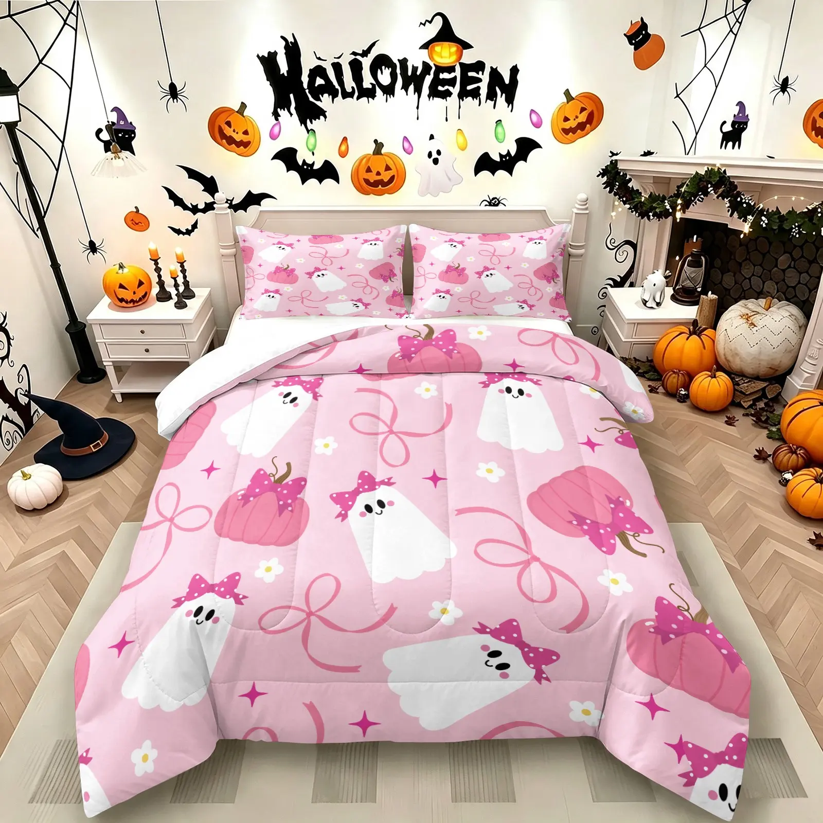 Girlish Pink Halloween Ghost Pumpkin Floral‑Print Quilted Comforter Set, Include 1 Quilt Core & 1‑2 Coreless Pillowcases, Skin‑friendly and breathable fabric, lovely sweet style, for girls who love cute aesthetics
