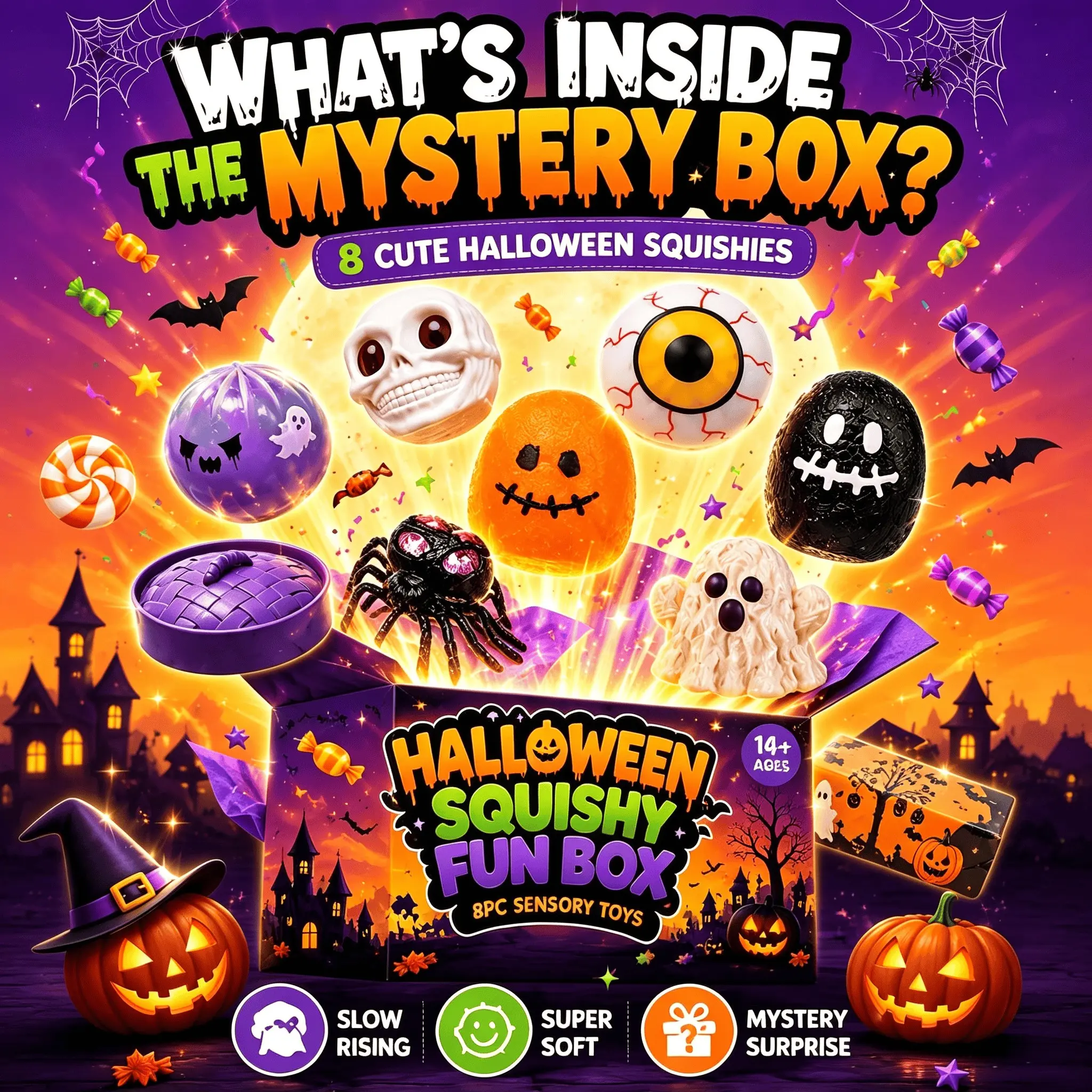 8-piece Halloween Mystery Box Fun Set, Maltose Shaped Soft Squeezing Toy, Slow Rising Pressure Ball, Relieve Anxiety, Party Gift, Squishy Box