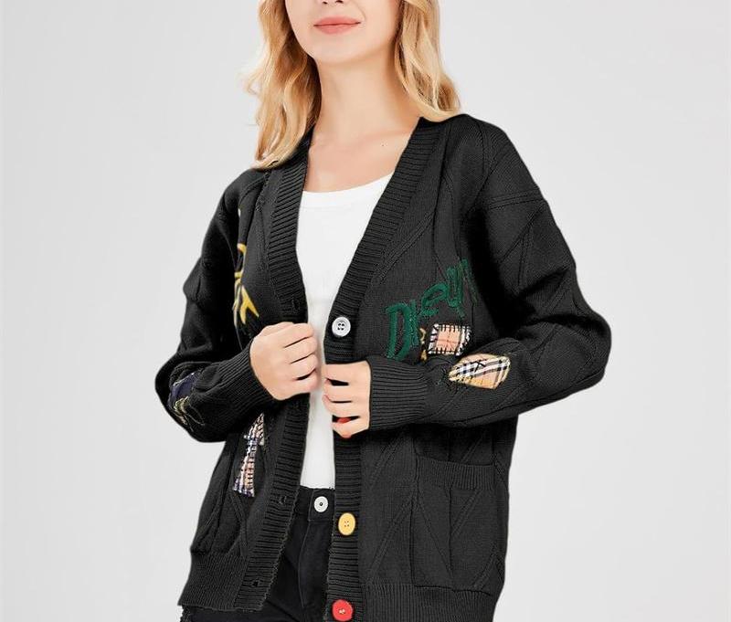 Womens Open Front Cardigan Cable Knit Long Sleeve Button Down Embroidery Cardigan Sweaters