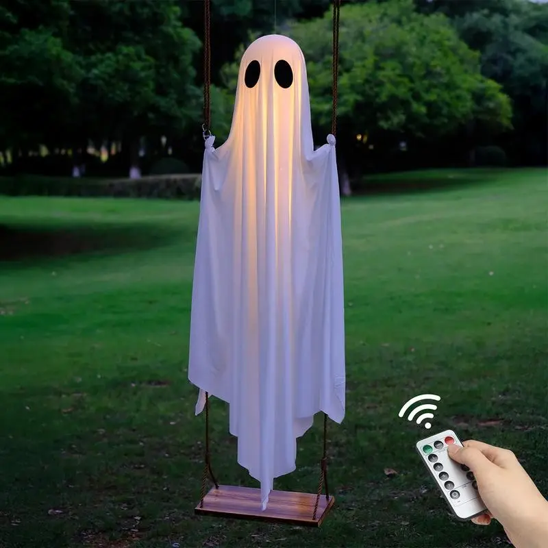Outdoor Halloween Decoration, 5-Foot Hanging Ghost Swing with Remote Light String, Perfect for Tree, Porch, Yard, Lawn, Halloween Party Decor