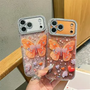 Luxury Diamond Sequins Butterfly Phone Case For iPhone 17 16 15 13 14 Pro Max Glitter Lens Flim Shockproof Protective Cover
