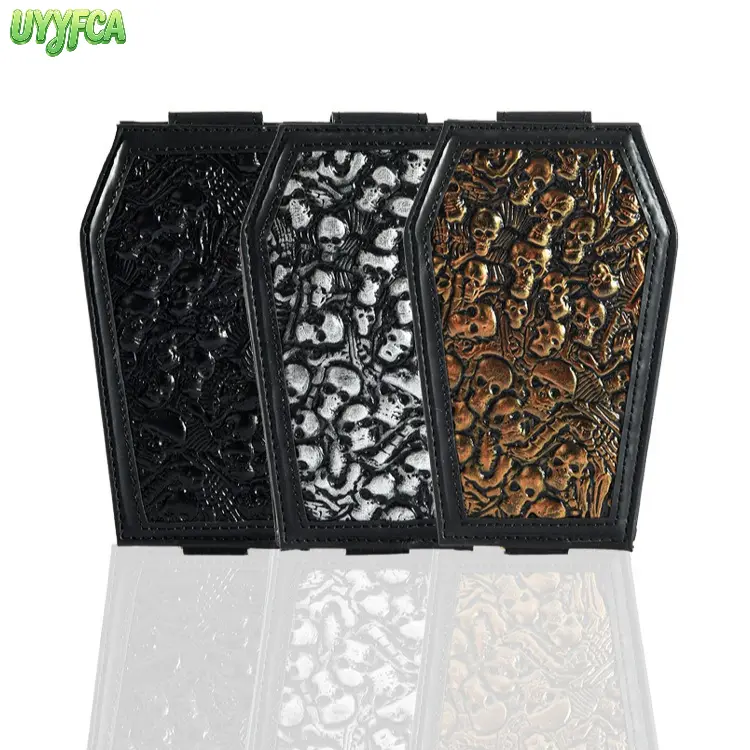 Embossed Skull Coffin Shaped Card Holder, Gothic Punk PU Leather Slim Wallet with Multi Card Slots and Clear ID Window, Flip Snap Button Credit Card Case, Unique Dark Style Pocket Accessory for Streetwear Concert Halloween Daily Carry,Vacation outfits