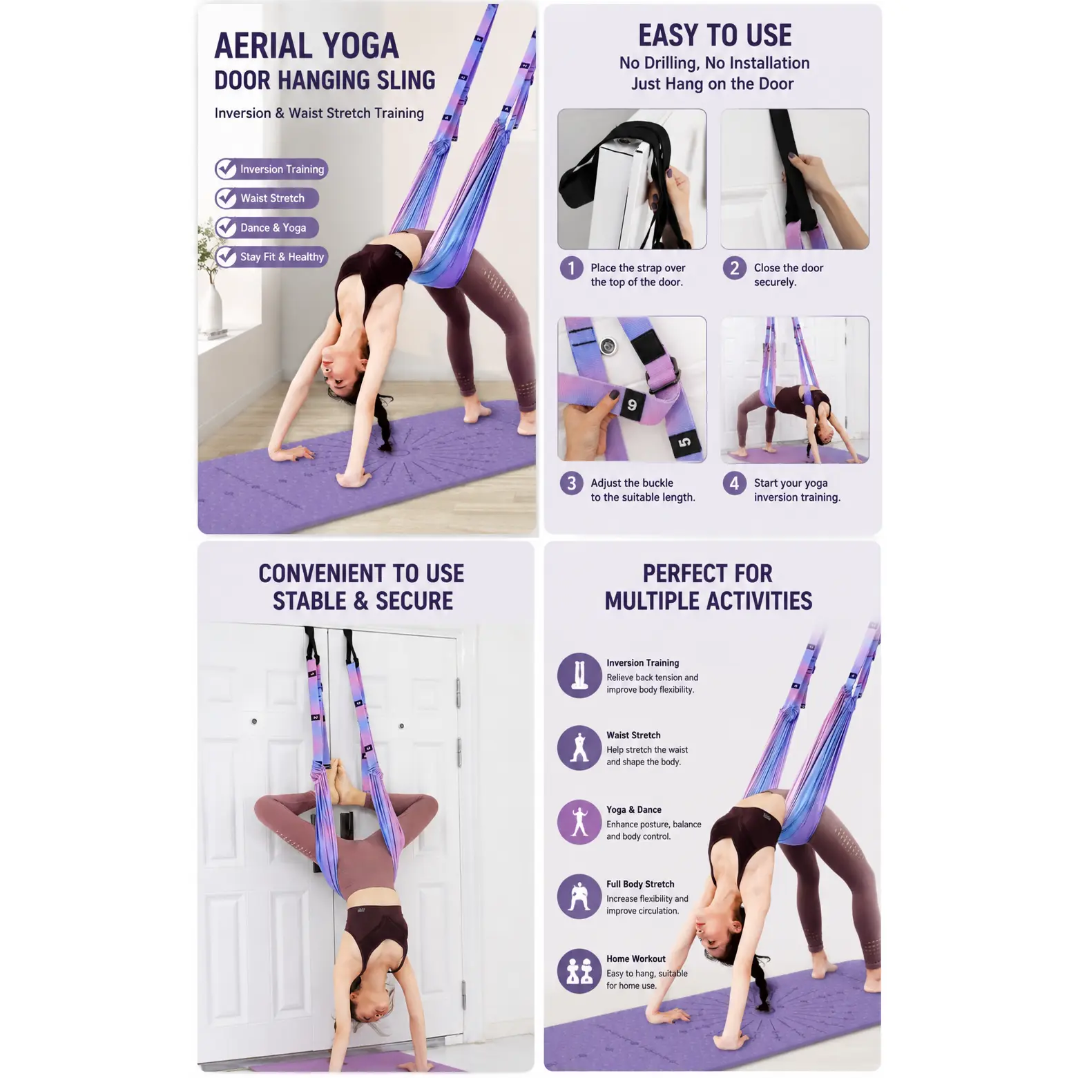 Aerial Yoga Hanging Rope, Home Backbend and Waist-Bending Trainer, Over-Door Yoga Inversion Strap, Stretching Belt and Resistance Band